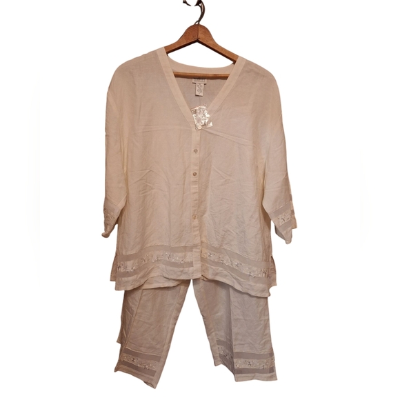Two Piece Sherry Taylor Linen LOOK Vanilla Pants & Blouse SET New Plus Size 4X - Picture 1 of 6